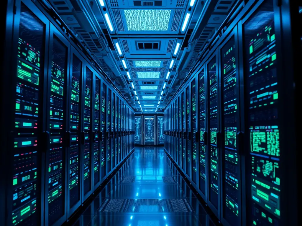 A high-angle shot of a data center with glowing servers, symbolizing the power of data analytics and AI in modern consulting.