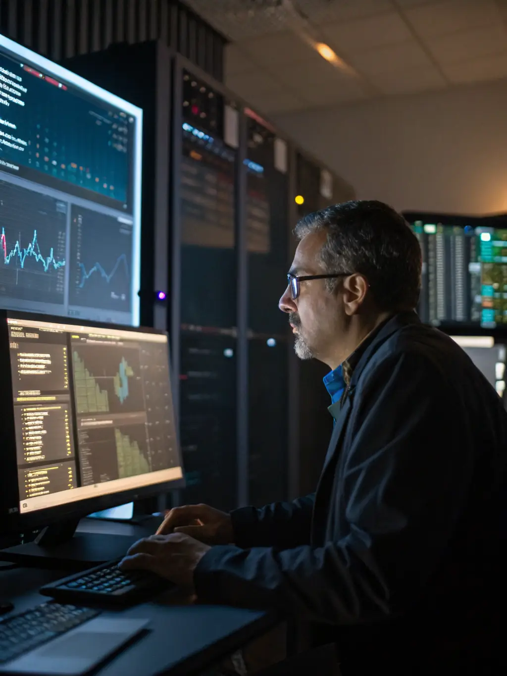 A data scientist analyzing complex datasets on a large screen, with visualizations of trends and patterns, representing data analytics services.